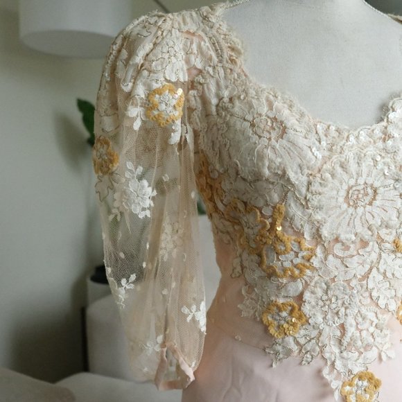 Vtg Judy Hornby Silk and Lace Applique Tiered Maxi Gown - Picture 4 of 12